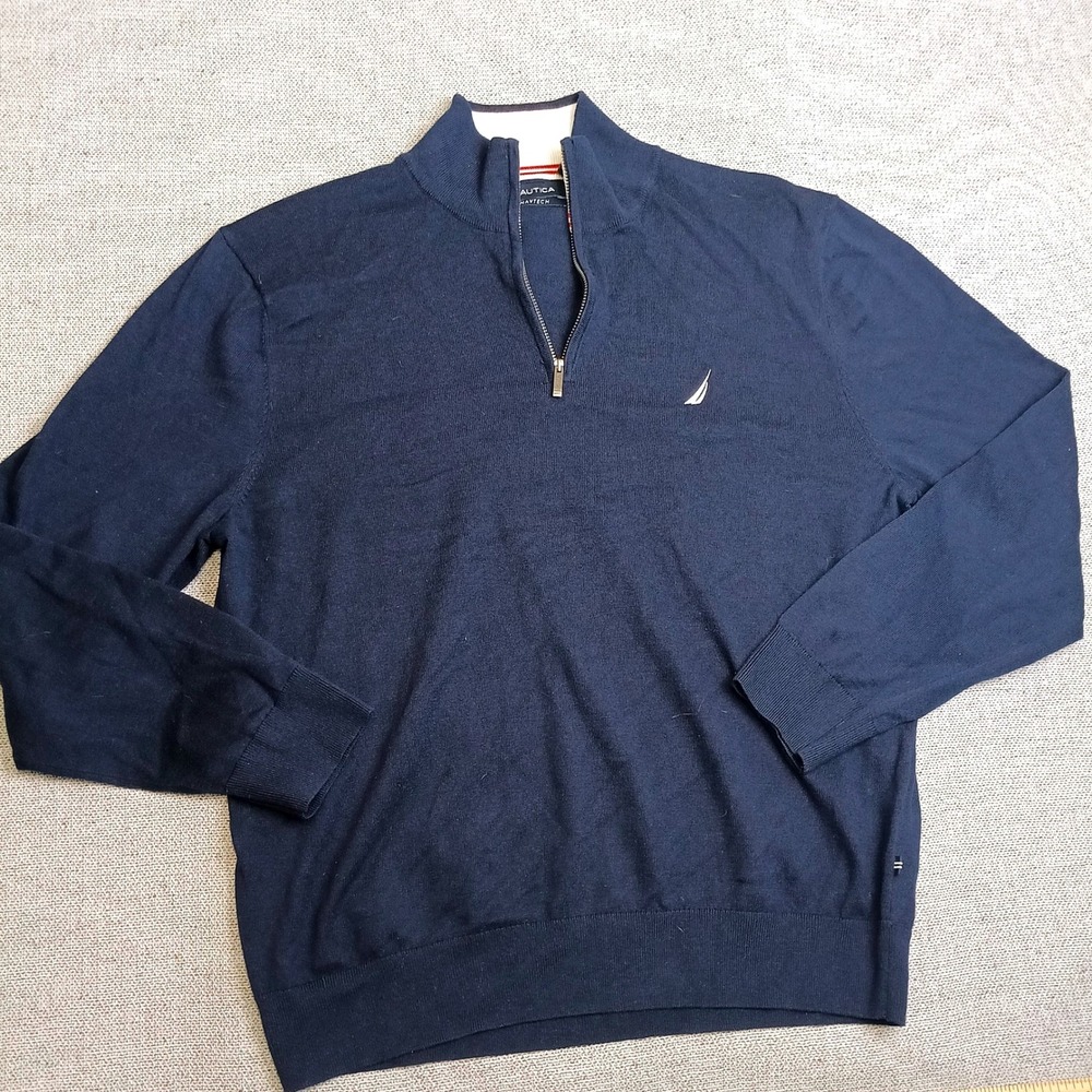 Nautica Quarter Zip Sweater Mens XL Navy Blue Excellent Navtech Mock Neck Knit